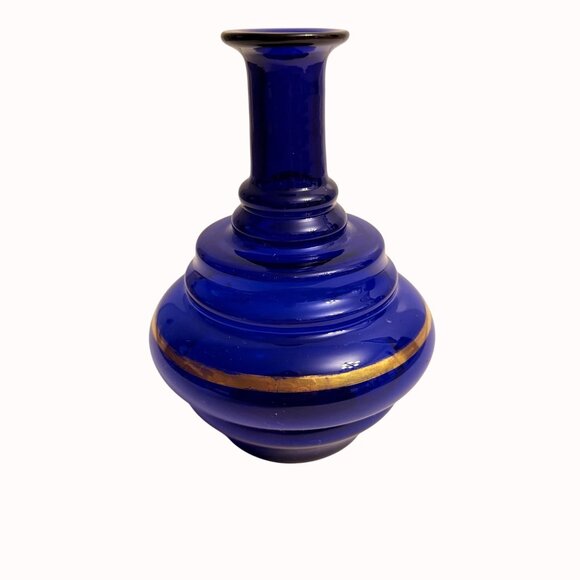 Cobalt Blue Glass Vase Flared Rim Gold Accents Victorian Era Handblown Collectib - Picture 2 of 14